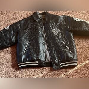 Raw Blue Hulreams Embossed Dragon Leather Varsity Jacket Black